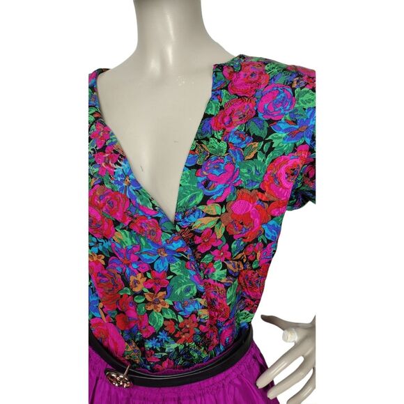 Saks Fifth Avenue Vintage 80s 100% Silk Floral High Shoulder Button-Down Blouse - Picture 5 of 11